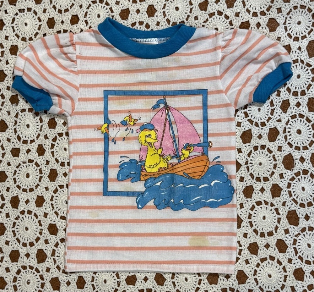 Vintage JCPenney Sesame Street Big Bird Girls Striped Top Size 2T USA Retro