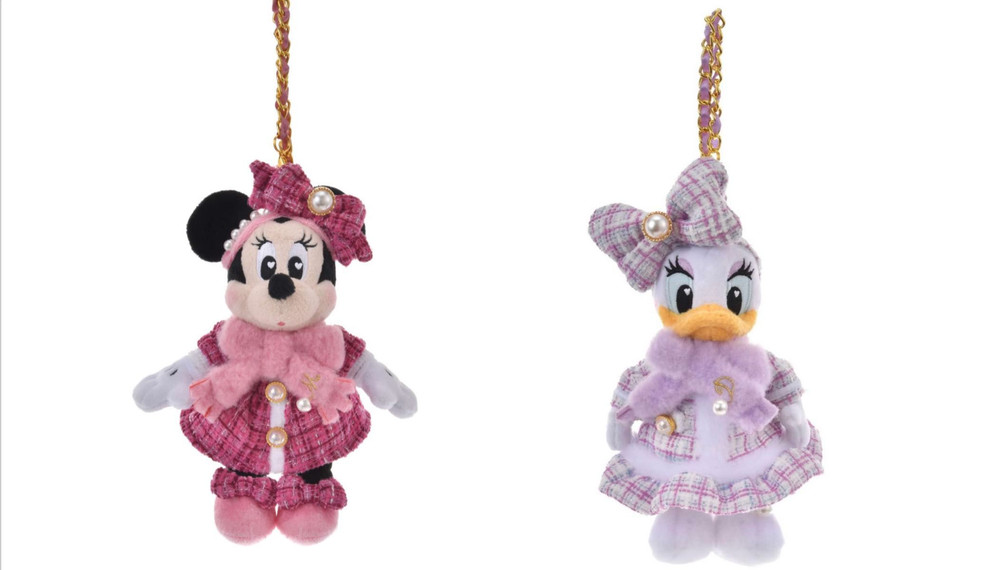 Disney Store Japan TWEED STYLE Plush Bag Charm Keychain Set - Minnie & Daisy