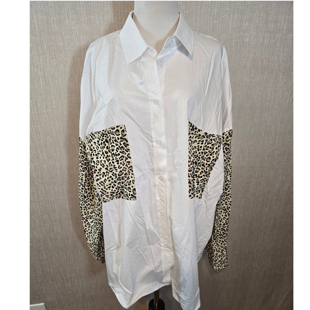 POL Cheetah Print Long Sleeve Button Down Shirt White Pockets Oversized Size L