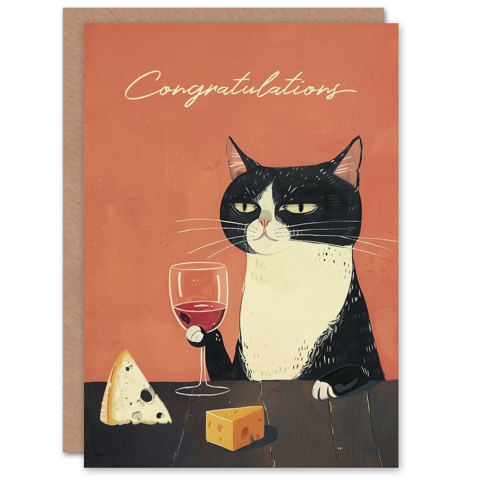 Congratulations Card Sophisticated Tuxedo Wino Cat Cheese Lover Fun Artwork