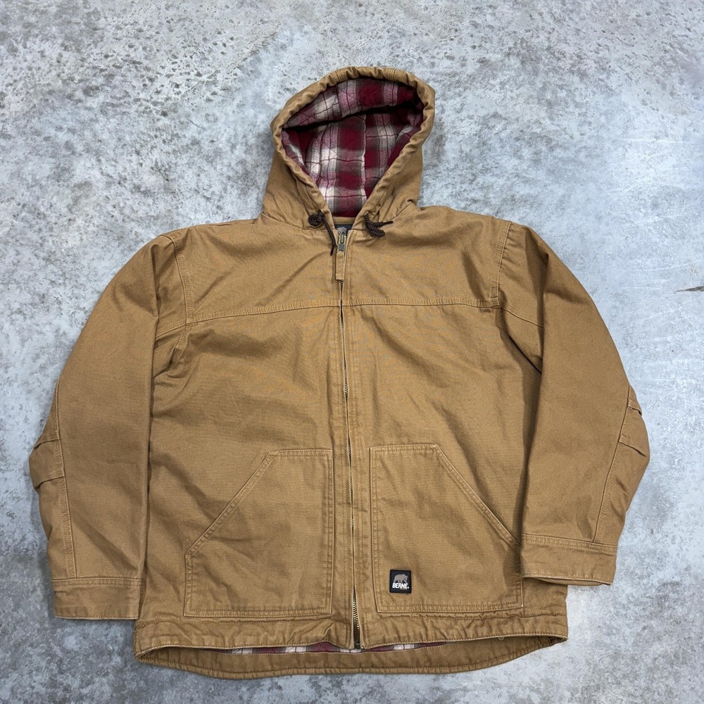 Berne Jacket Mens XL Brown Canvas Hooded Workwear Flannel Lined Insulated Parka