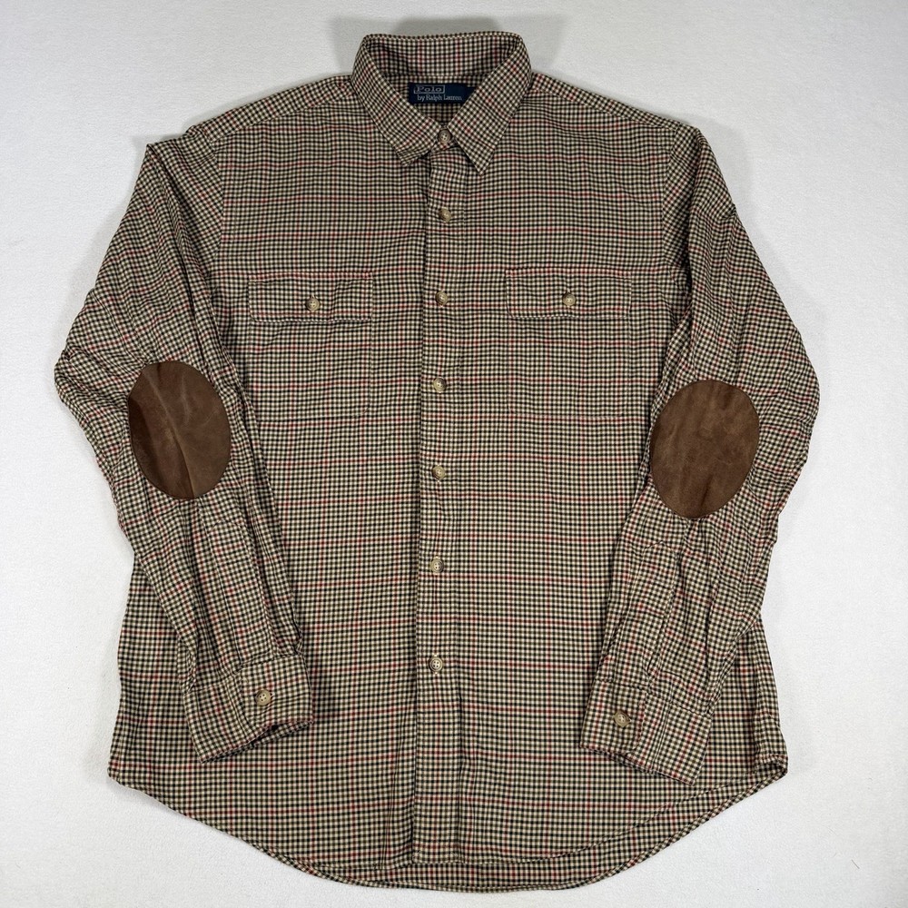 Polo Ralph Lauren Mens Large Gingham Check Button Up Shirt Suede Elbow Patches