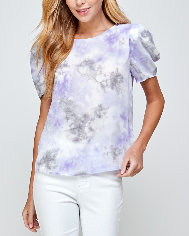 Women’s Top  Lavender Tie Dye Size M  Puff Sleeve Bow Back Blouse