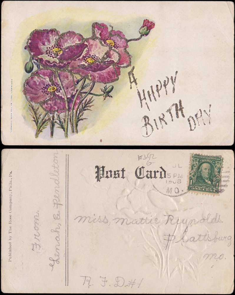 birthday greetings, pink poppies, with glitter