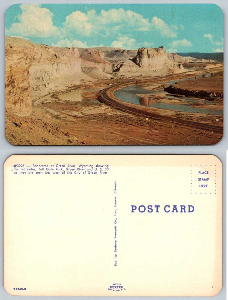 Green River WY Panorama Postcard - Palisades, Toll Gate Rock, US 30