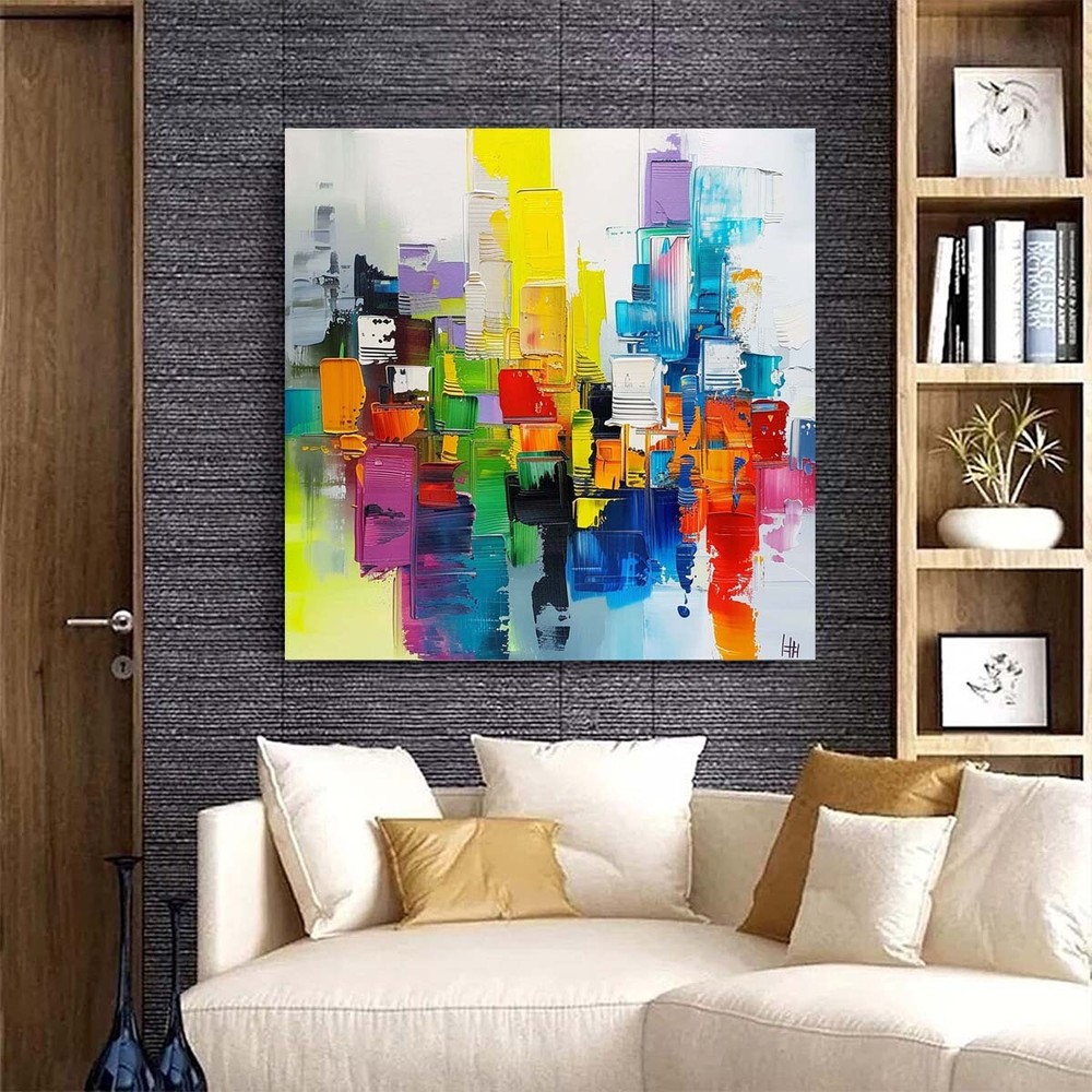 Hand-Painted Texture Oil Painting on Canvas Abstract Wall Art Deco Home Blue