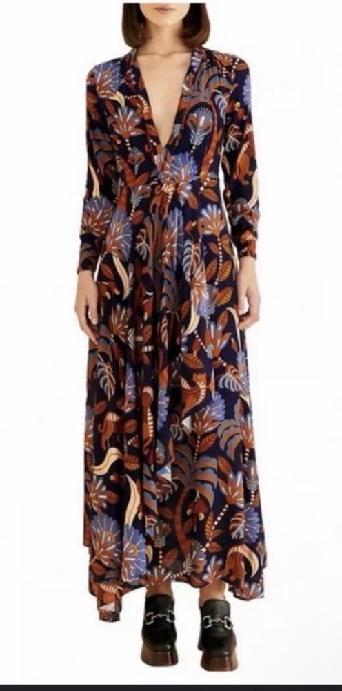 This Is A Farm Rio Blue Nature Beauty Long Sleeve Maxi Dress. Size S