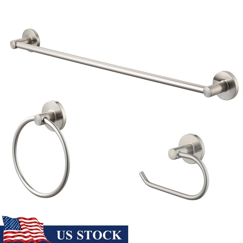 Modern 3-Piece Round Bathroom Set - Towel Bar, Ring & Toilet Paper Holder