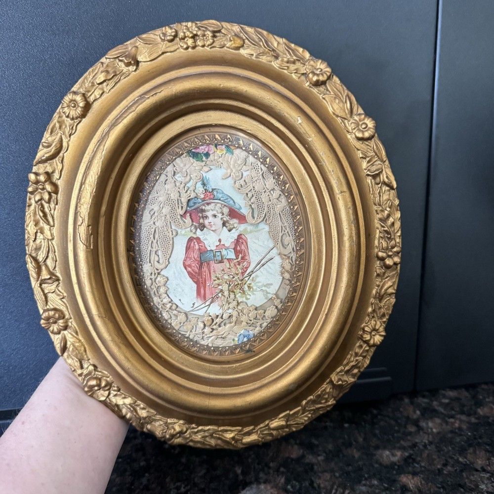Vintage Oval Gold Gilt Framed Victorian Print Lace Collage Wall Hanging Decor