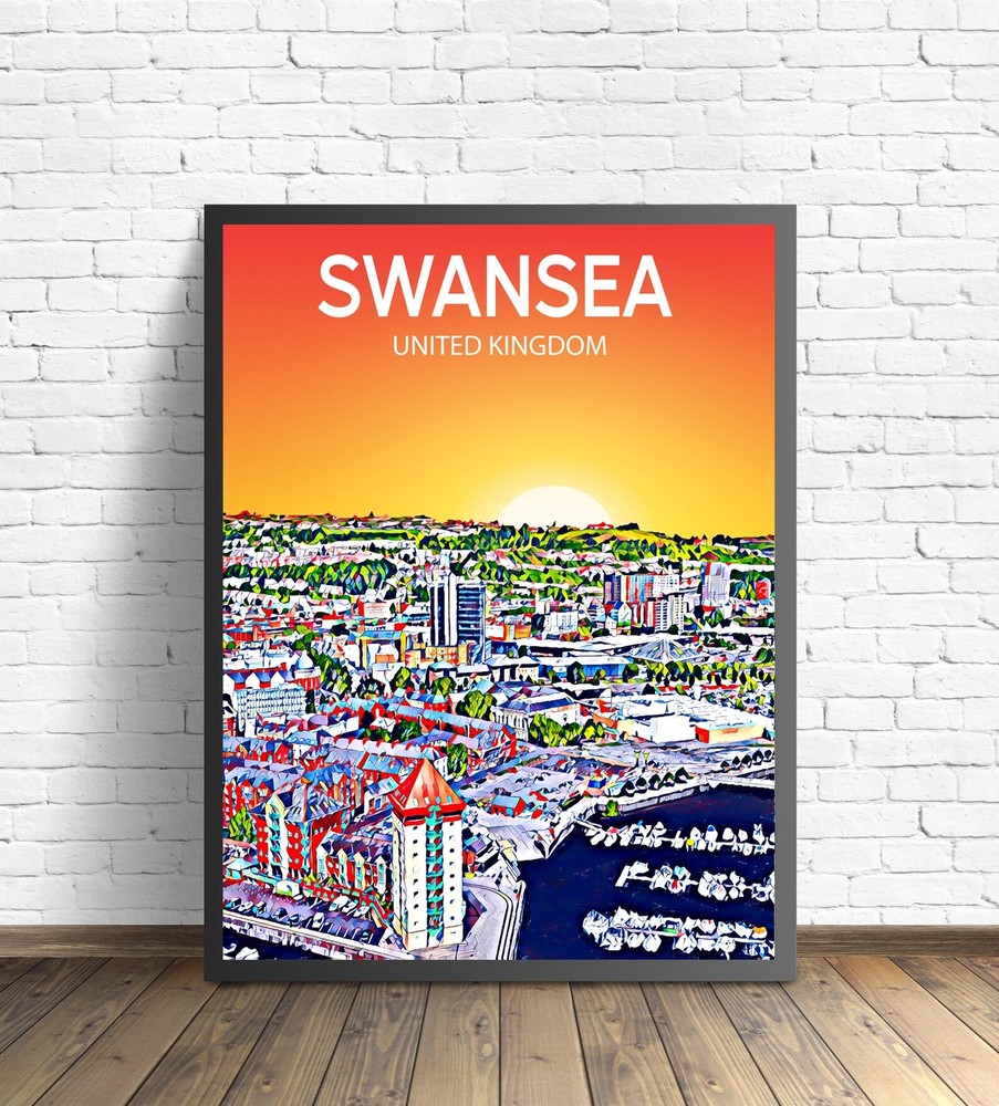 Swansea Uk Art Poster Sunset Night Poster Art Print Swansea City Framed Modern