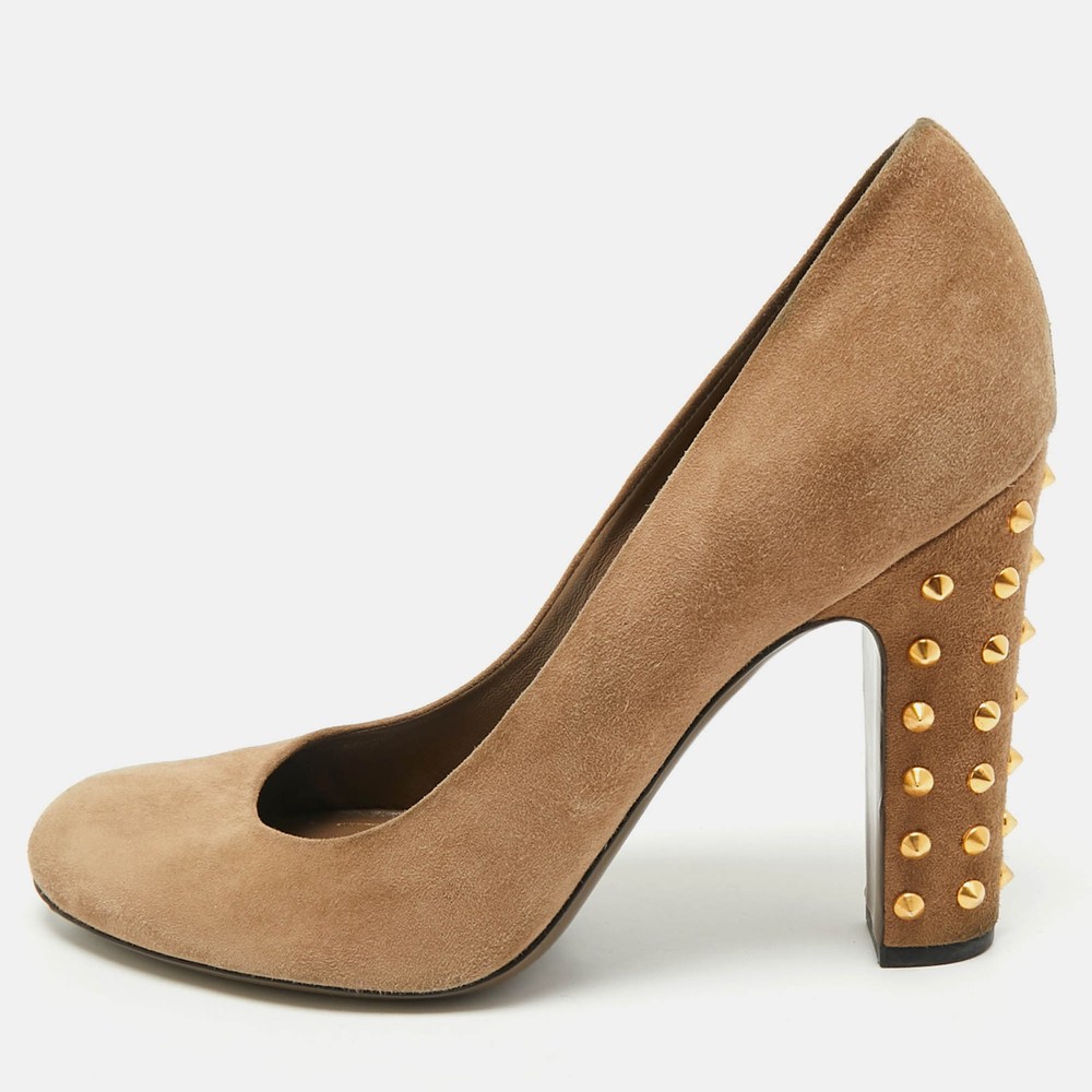 Gucci Brown Suede Jacqueline Studded Block Heel Pumps Size 39 EU