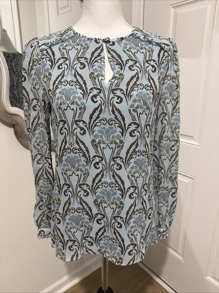 Tory Burch 100% Silk Top Blouse Shirt Blue Floral, Women's Size 4