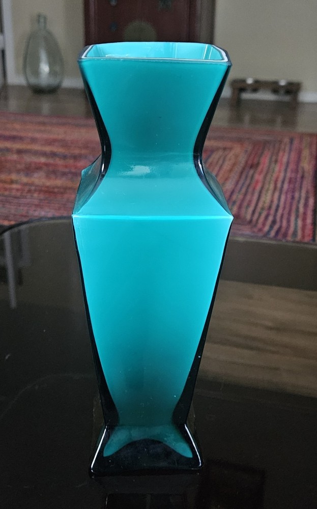 Vintage Sommerso Murano Teal Encased Hand Blown Art Glass Vase 9