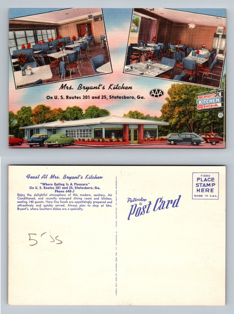 Statesboro, GA-Georgia, Mrs. Bryant's Kitchen Dining Room Vintage Postcard
