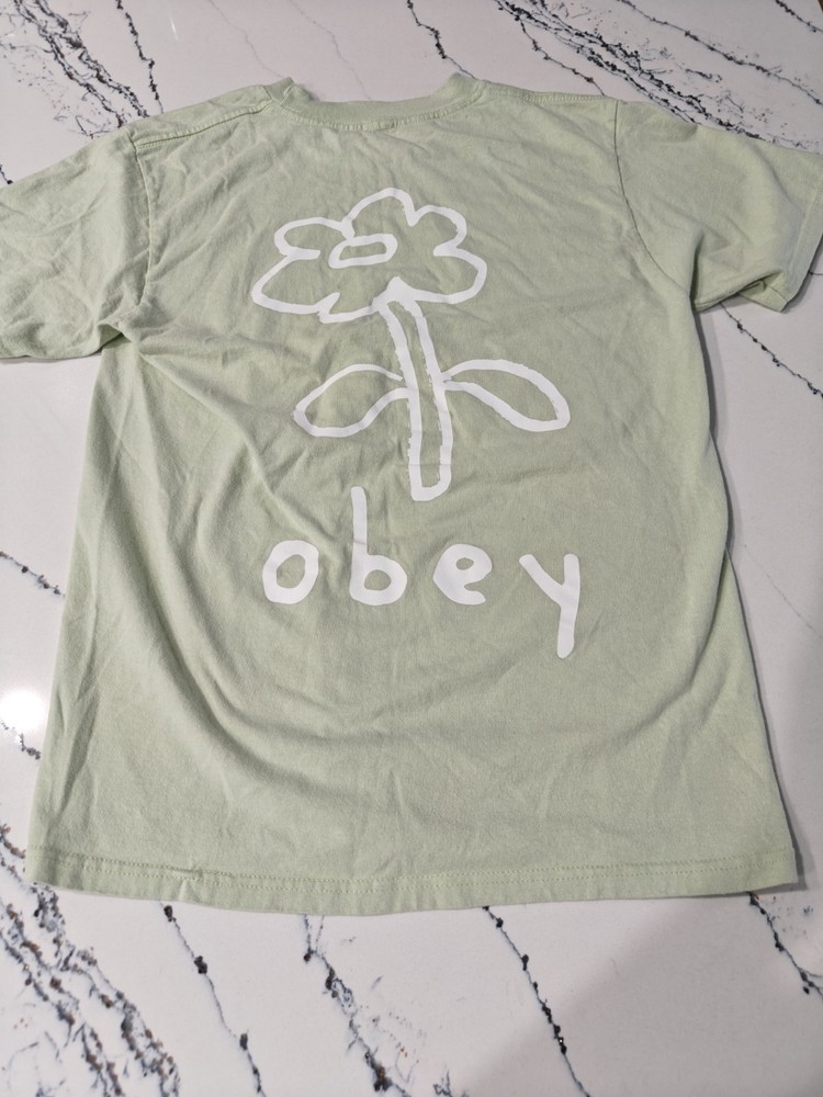 Obey Flower Logo Green T-Shirt Small Streetwear Skateboarding Graphic Tee