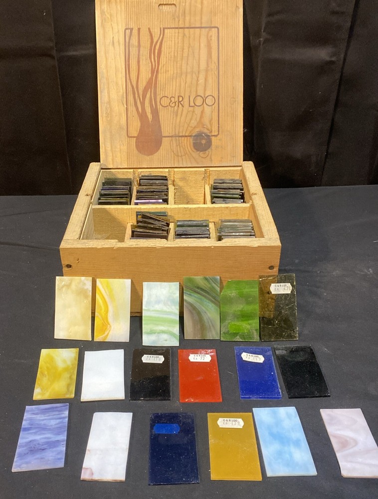Stained Glass Samples Large Vintage Lot of C&R LOO  175 Pieces With Wooden Box