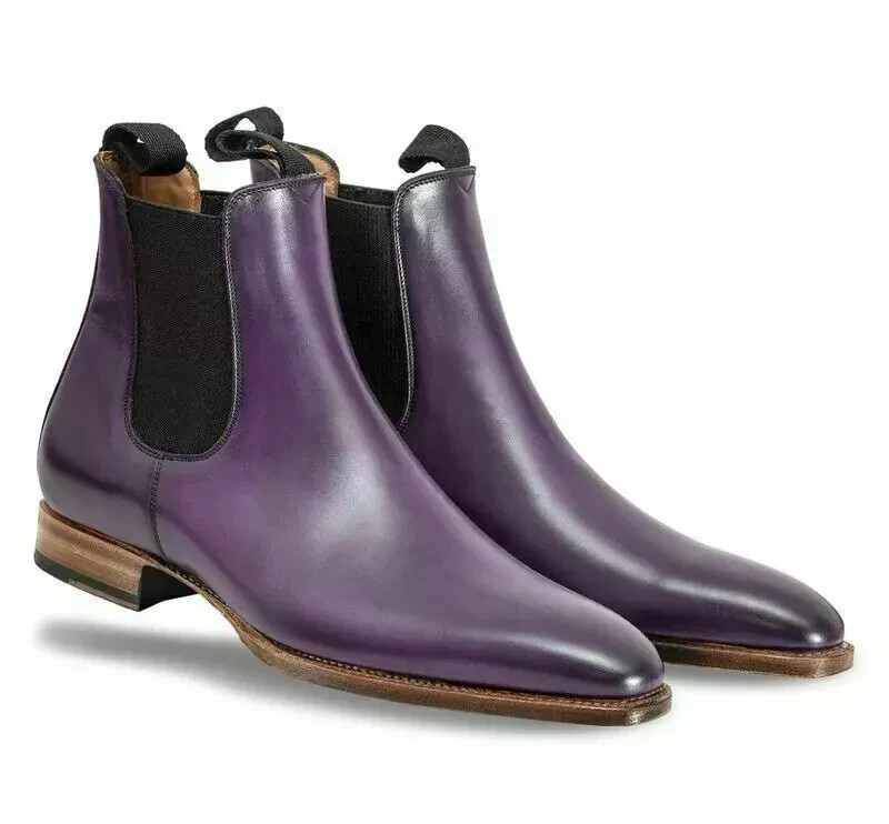 Handmade Mens Genuine Leather Chelsea Boots Purple Burnished Toe