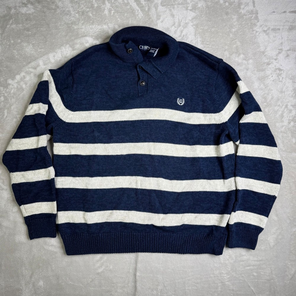 CHAPS Sweater Mens XXL Button Mock Neck Striped Jumper Pullover 100% Cotton Blue