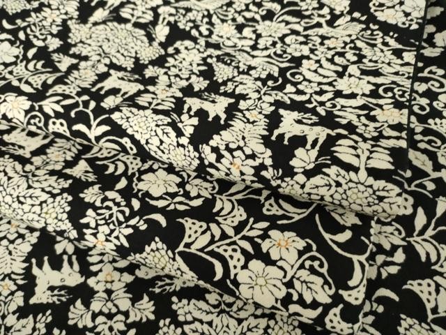 Heiwaya Kimono Chintz Flower Pattern Black Silk Traditional Dress