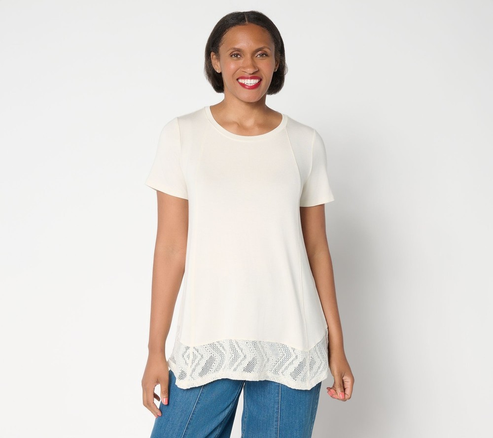 SUNNYLiFE Women's Top Sz L Short Sleeve Tee Lace Trim White A702426