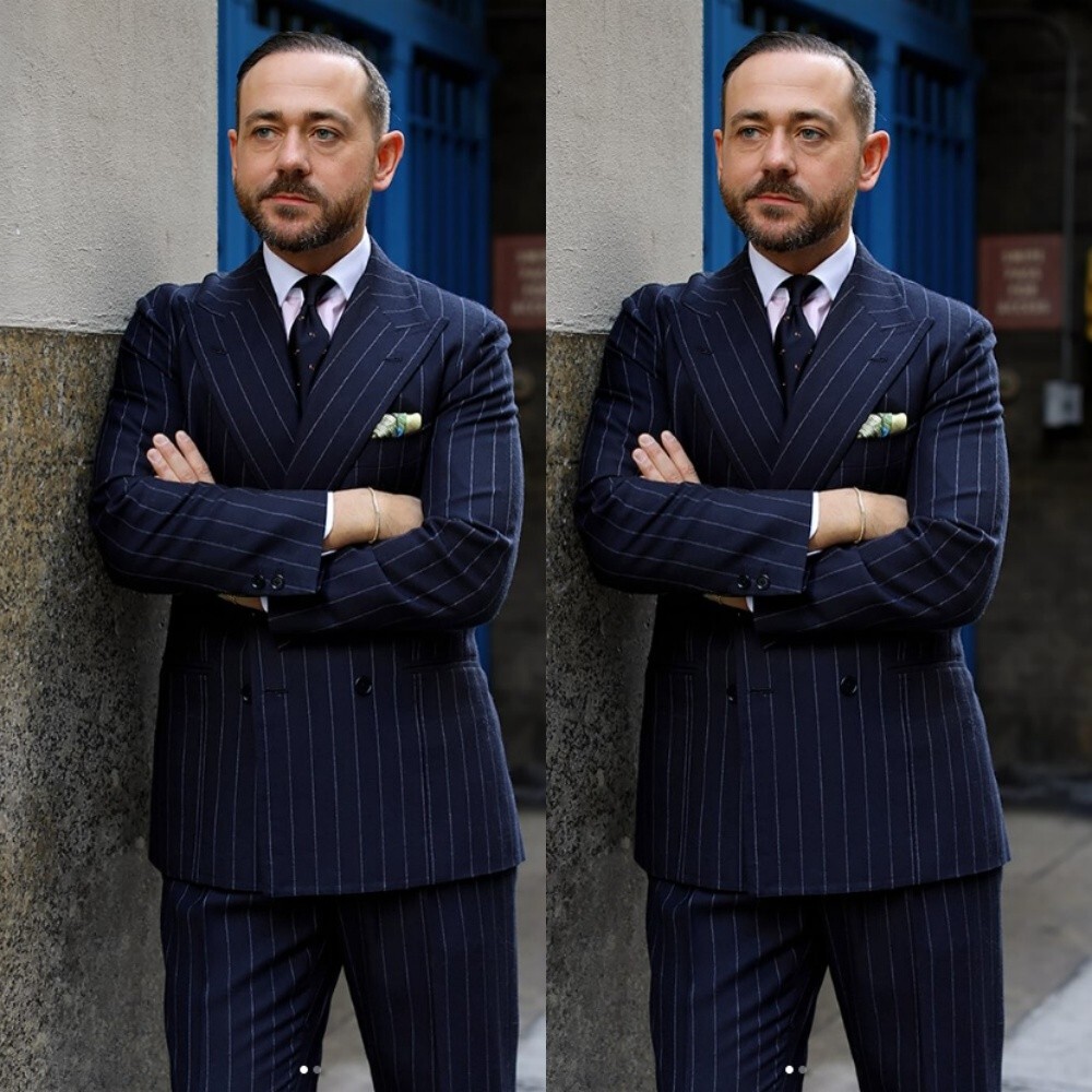 Navy Striped 2 Pcs Men's Suits Double Breasted Peak Lapel Formal Business Suits