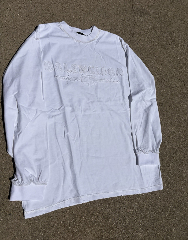 Balenciaga Men’s White Embroidered Logo Cotton Jersey Long Sleeve Tee M