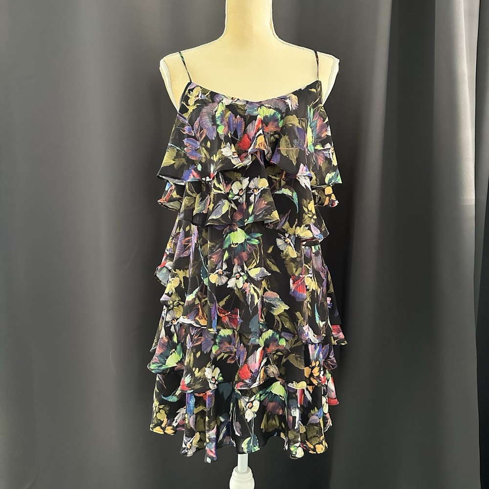 Gianni Bini Mini Dress Tiered Sz XS Flowy Chiffon Sleeveless Watercolor Floral