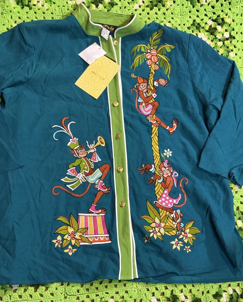 Vtg Bob Mackie Wearable Art Silk Cotton Blouse Top Monkeys Tropical Floral As Is