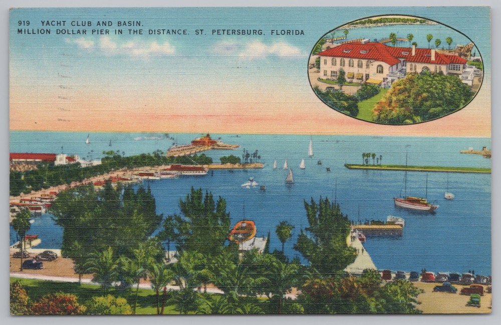 St Petersburg Florida~Yacht Club & Basin~Million $ Pier~Linen Vintage Postcard