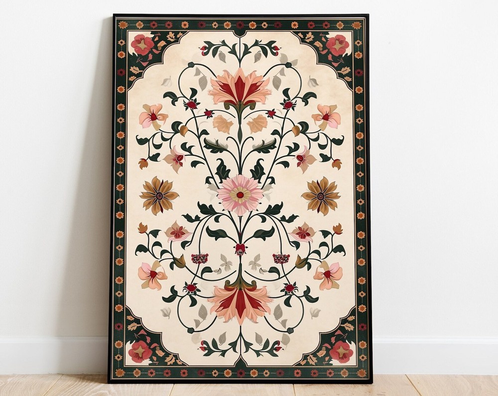 Vintage Indian Art Floral Palace Paintings Home Decor Mughal Floral Motifs
