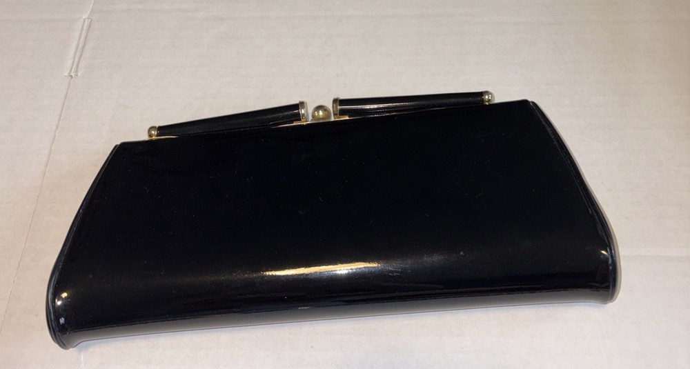 Vintage Black Patent Leather Clutch With Gold Hardware