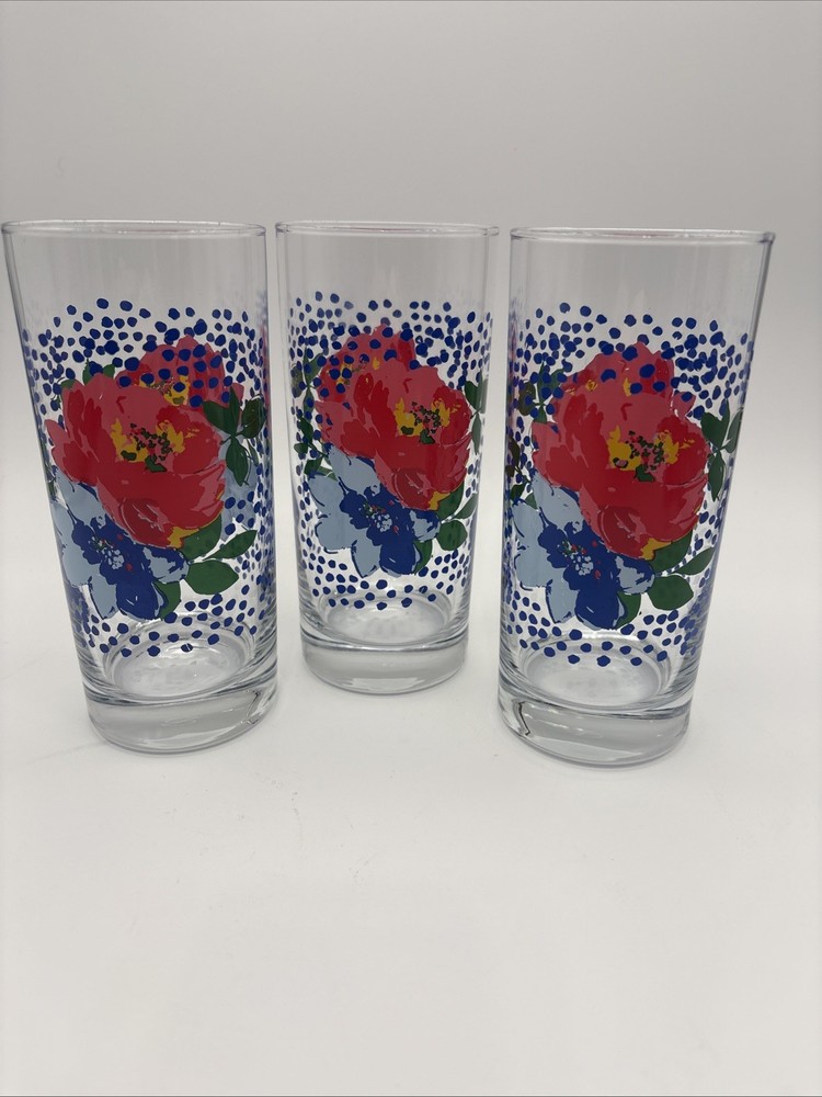 3 Pioneer Woman “Melody Coolers” Tumbler Glasses 16 oz Floral Red Pink Blue