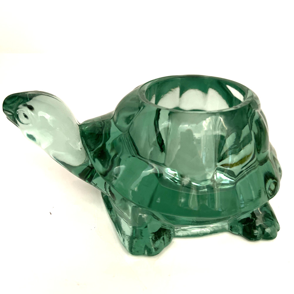 Vintage Indiana Glass Green Turtle Figurine Tea Light Votive Candle Holder Heavy