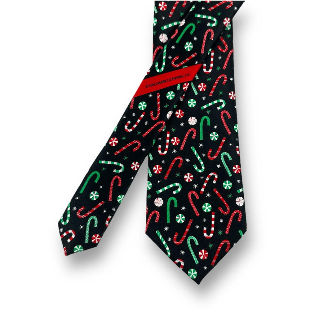 Hallmark Holiday Traditions Neck Tie Candy Canes Black Green Red Ugly Christmas