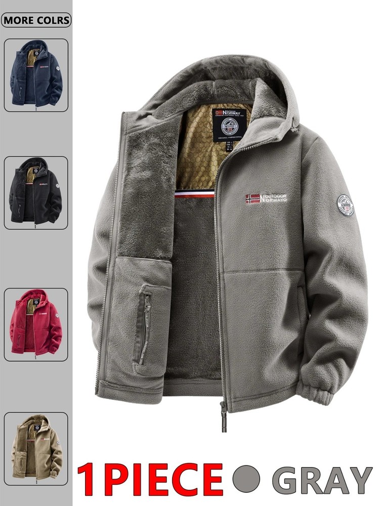 Men’s Outdoor Hooded Fleece Jacket Winter Warm Zip-Up Casual Coat Travel Wear