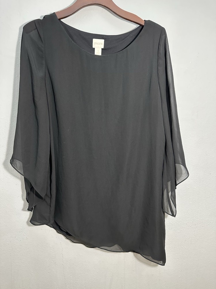 Chico's Sheer Black asymmetrical Blouse/long sleeves for women size 1X