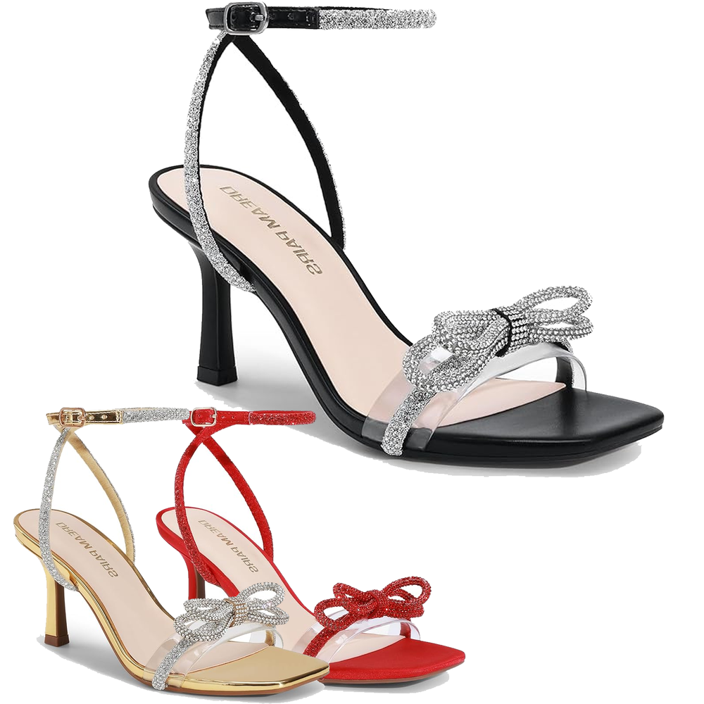 Women Bow-knots Heeled Sandals Rhinestone Ankle Straps Wedding Party Sandals