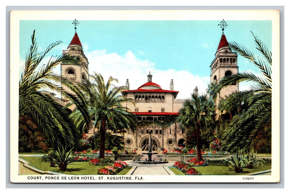 St. Augustine FL Florida Ponce De Leon Hotel Court White Border Postcard