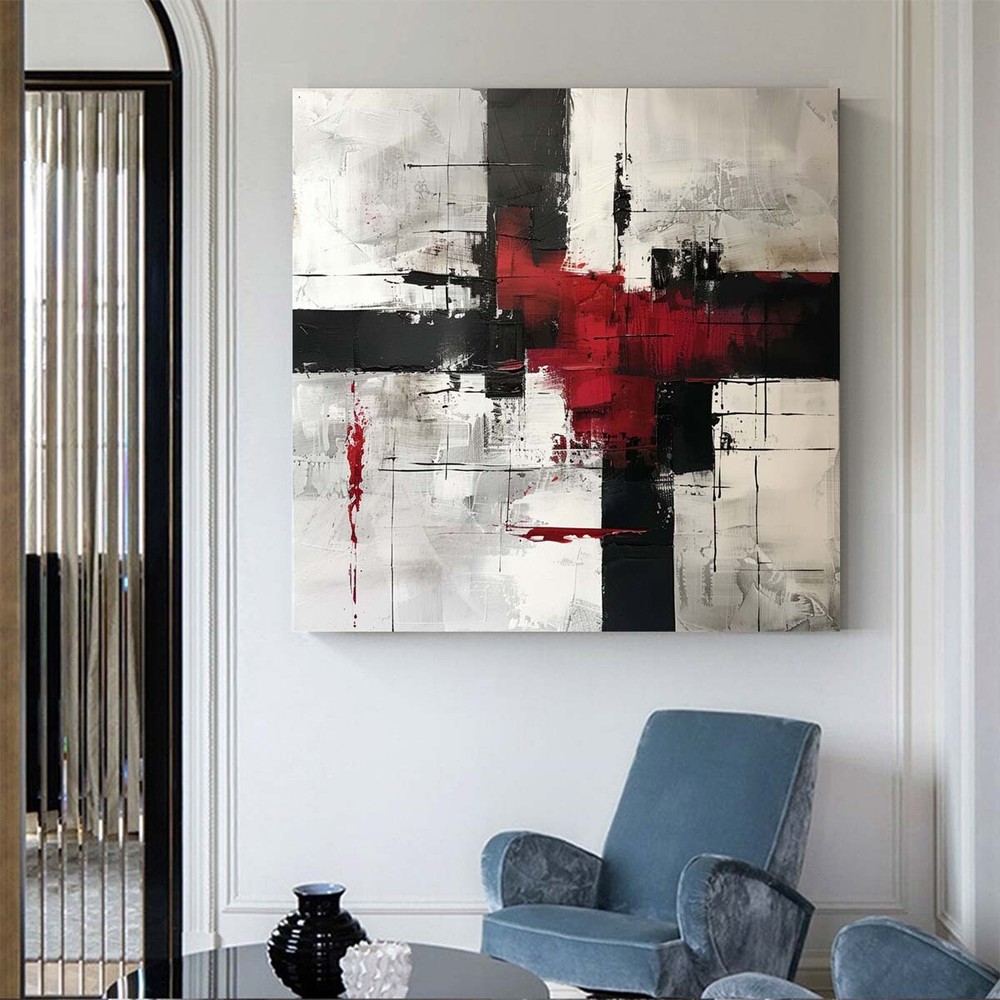 Large Original Grey Modern Art Painting On Canvas Abstract Artworks Handmade Red