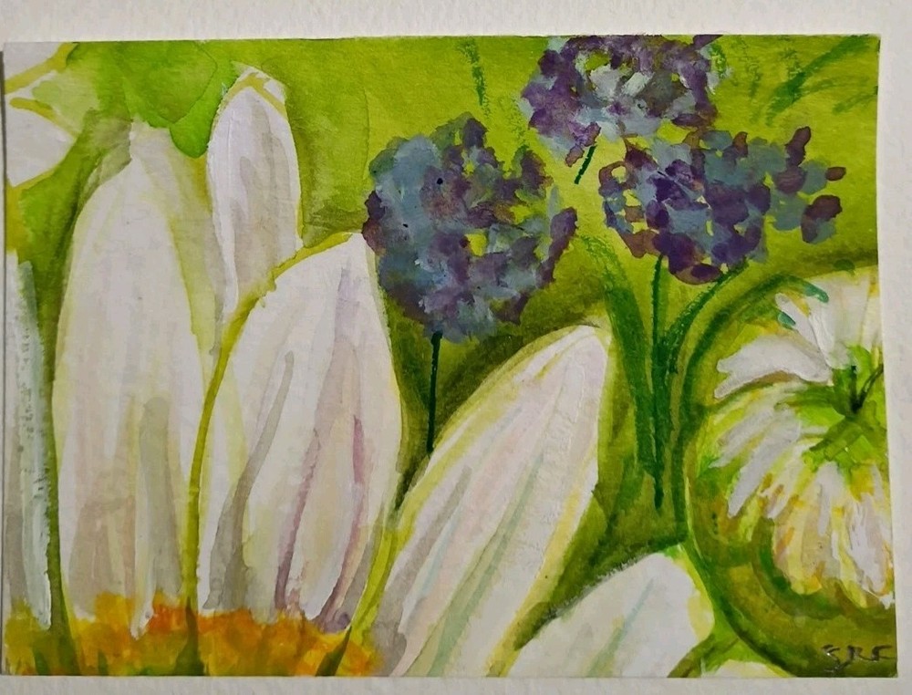 Original White Daisy ACEO Watercolor Painting Floral Art Miniature Daisy Flower