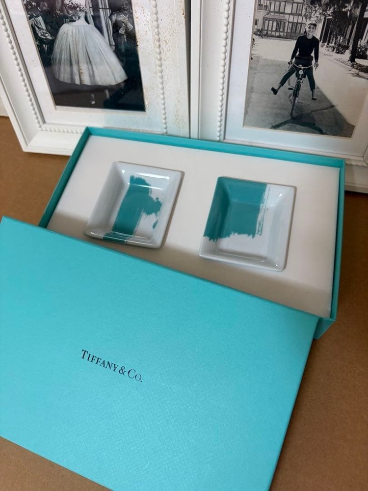 Tiffany & Co. Ceramic Plate Set 2pcs Blue Square & Rectangular Collectible