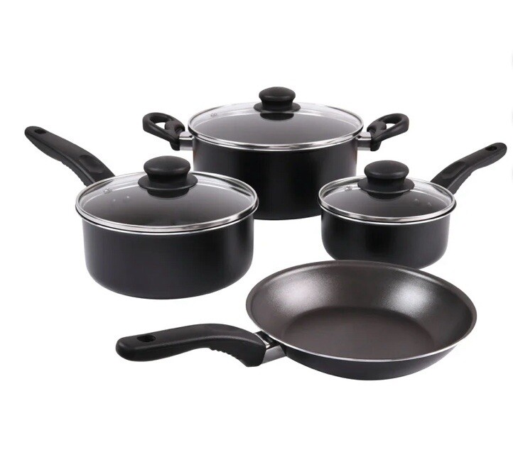 Mainstays 7 Piece Non-Stick Cookware Set Aluminum Black/Green Sage w/ Lids