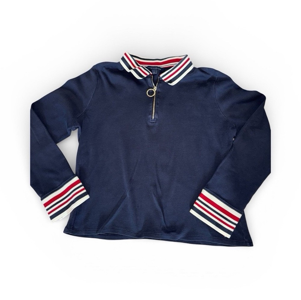 Tommy Hilfiger Navy Striped Collar Zip Front Collared Long Sleeve Top Size L