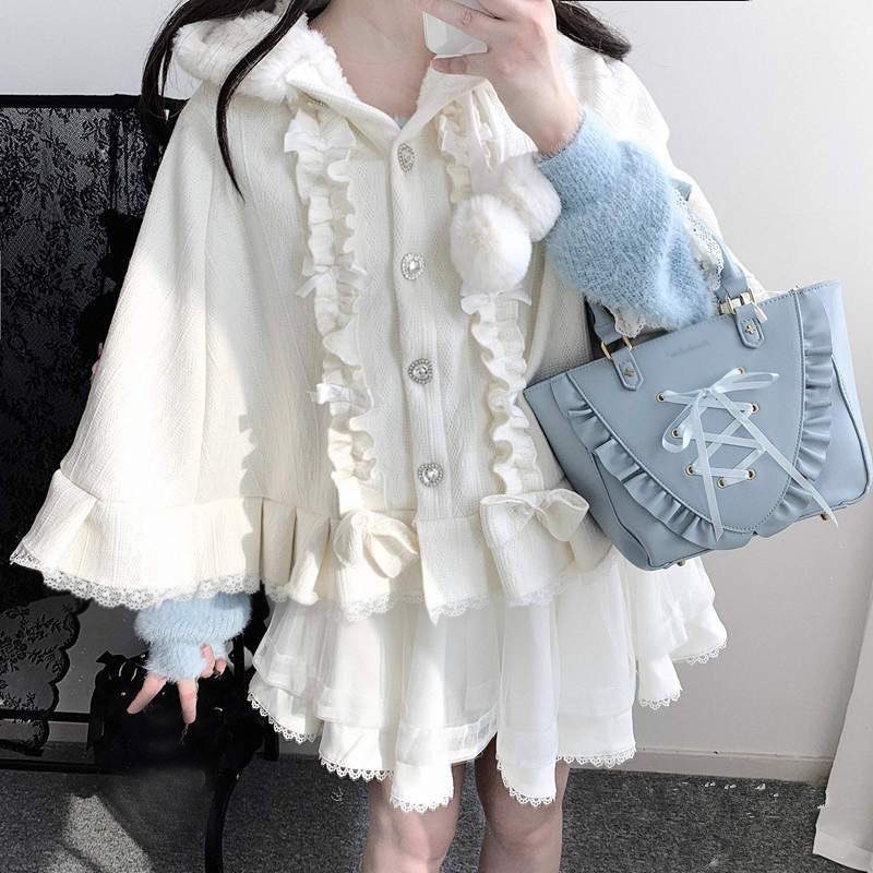 Sweet Winter Warm Lolita Mori Girls Loose Cloak Cape Coats Hooded Jackets Cute