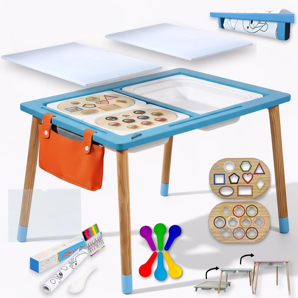 Blue Sensory Table for Toddlers – Montessori Activity Table with 3 Bins, 2 Wh...