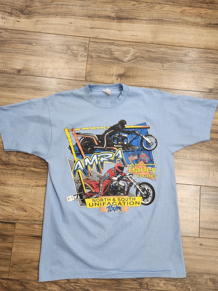 Vtg 1992 Harley AMRA Drag Racing T Shirt Single Stitch Blue Sz L  Dbl Sided
