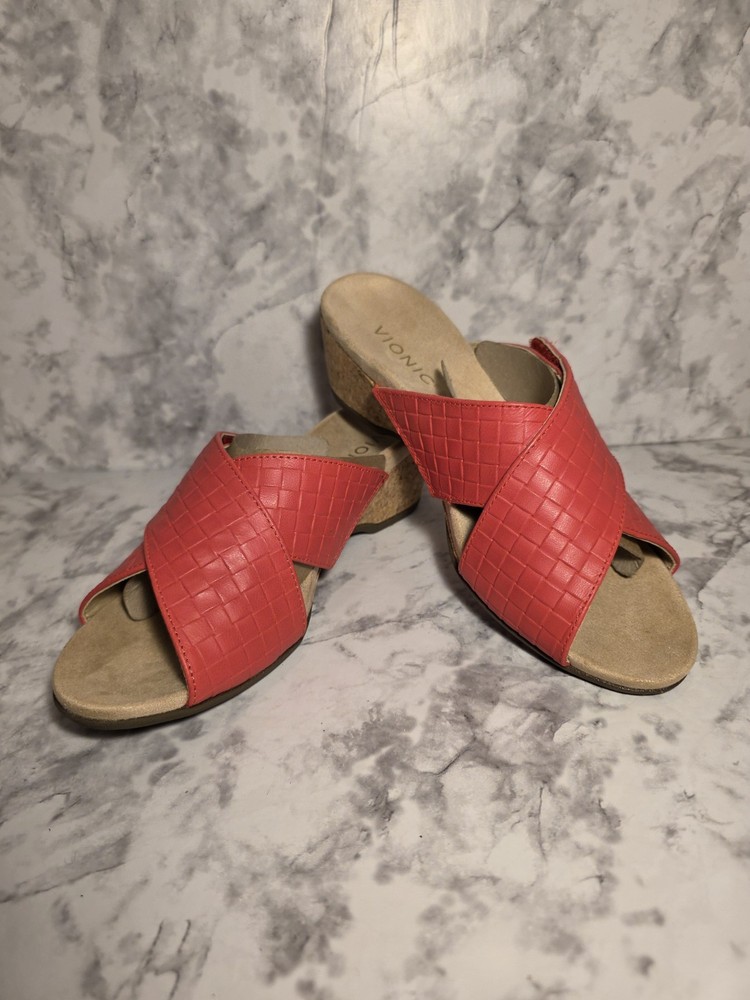 Vionic Leticia Womens Cork Wedge Sandal Sz 8 Cross Strap Coral Slip On
