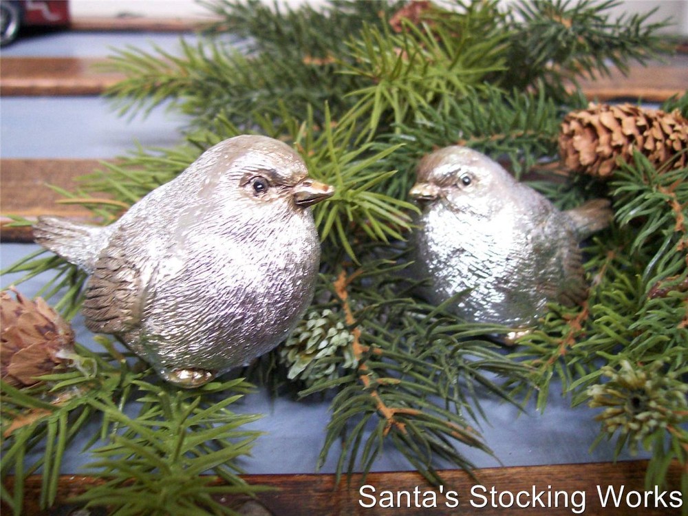 RAZ NWT Set 2 SILVER with GOLD accent Snow BIRD CHRISTMAS Figurine Decorations-image