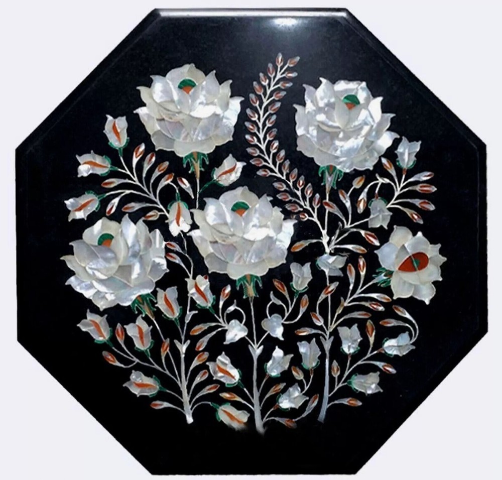 24-Inch Black Marble Octagon Dining Table with MOP Inlay Mosaic Design