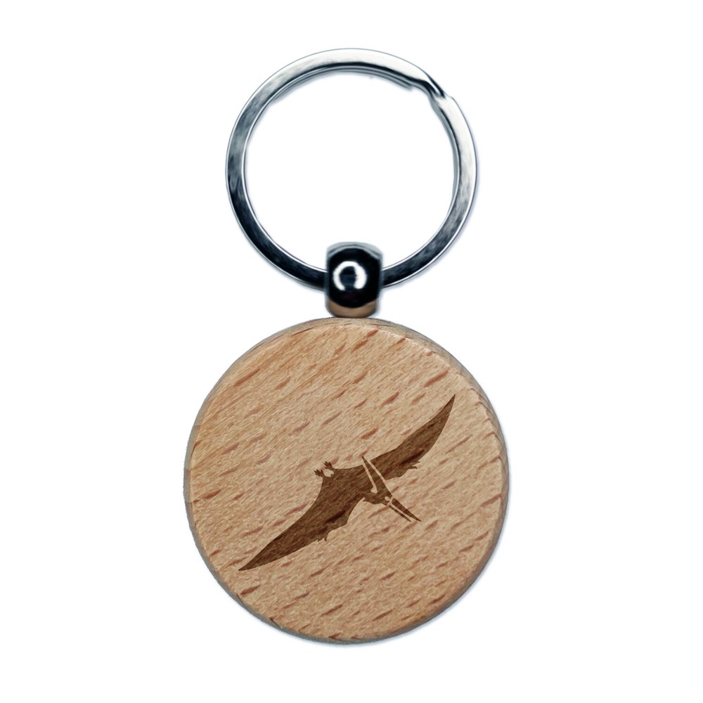 Pteranodon Dinosaur Engraved Wood Round Keychain Tag Charm